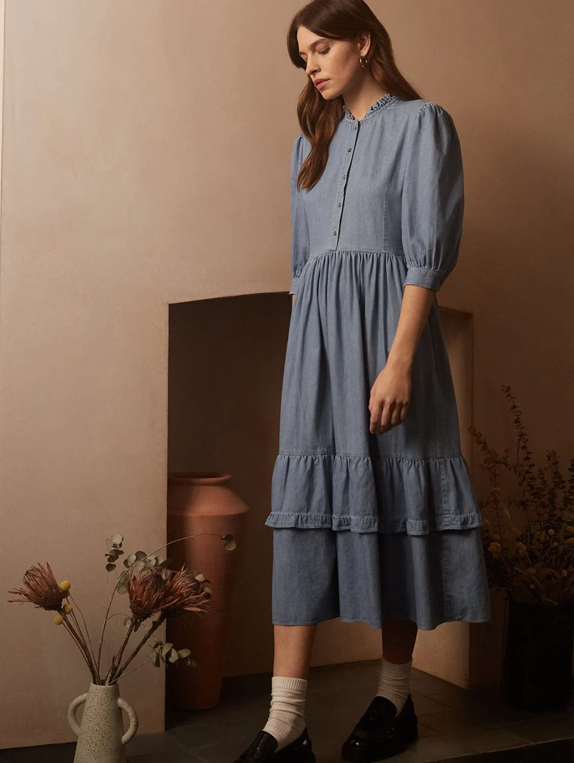 Alicia Organic Cotton Chambray Midi Dress | Light Indigo