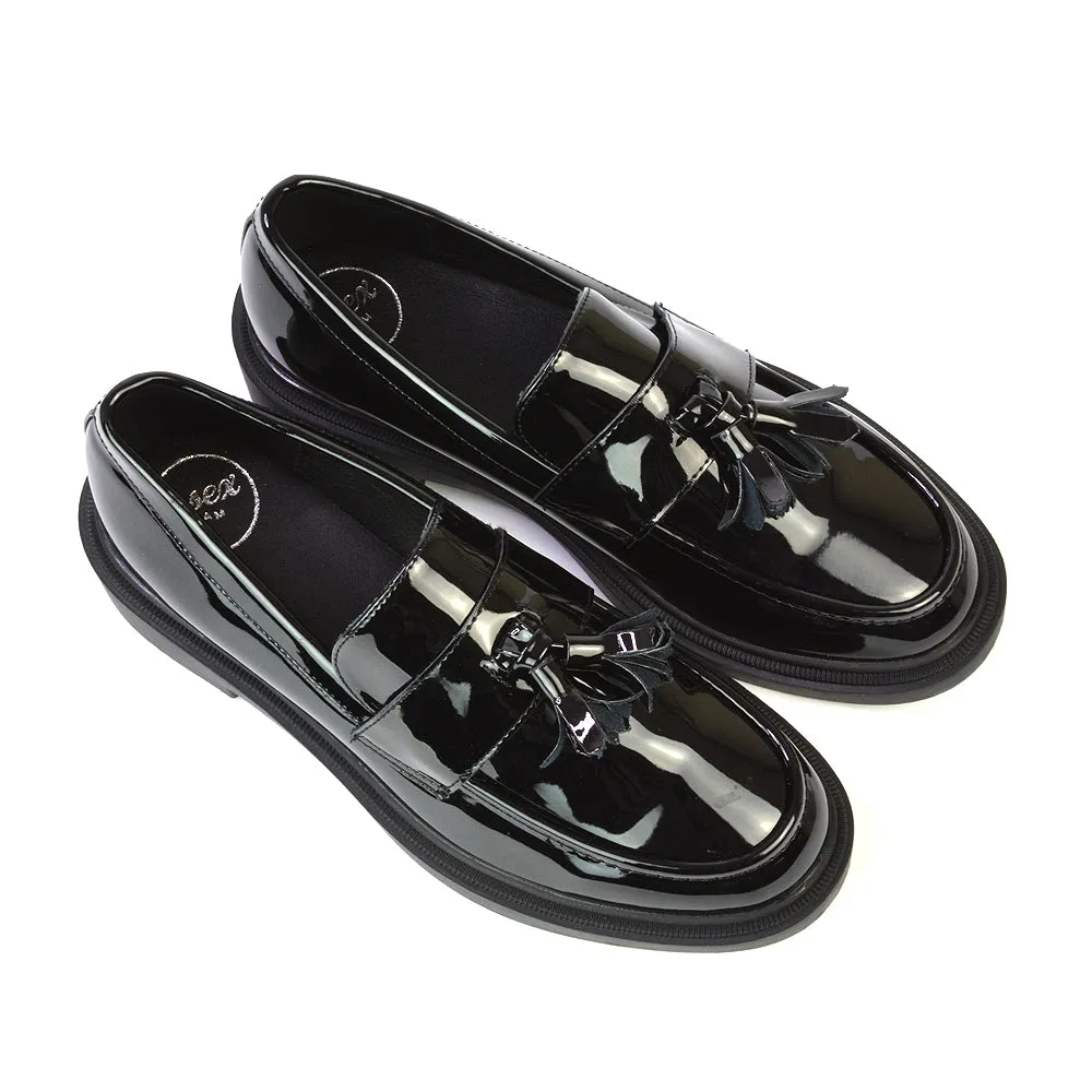 Alida Chunky Loafers Tassel Back To School Flat Shoes in Black Patent