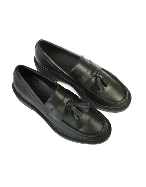 Alida Chunky Loafers Tassel Back To School Flat Shoes in Black Patent