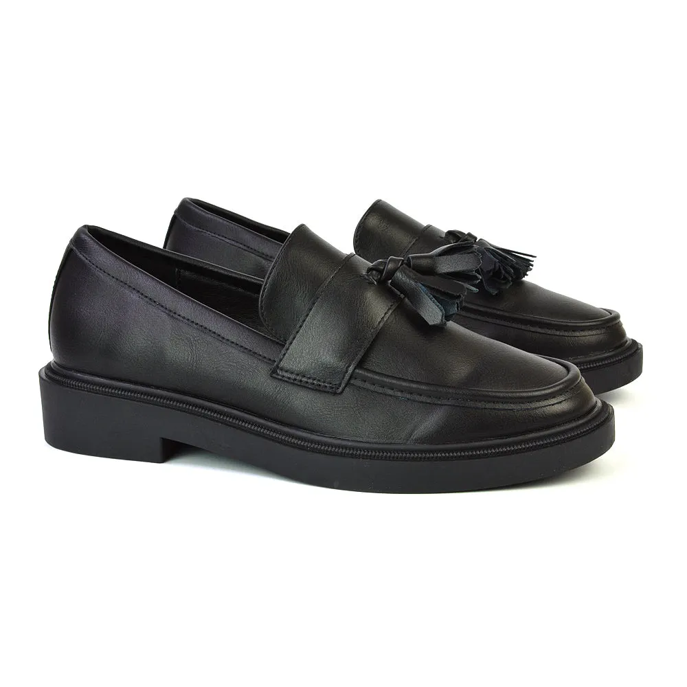 Alida Chunky Loafers Tassel Back To School Flat Shoes in Black Patent