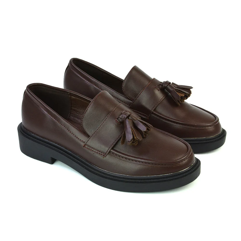 Alida Chunky Loafers Tassel Back To School Flat Shoes in Black Patent