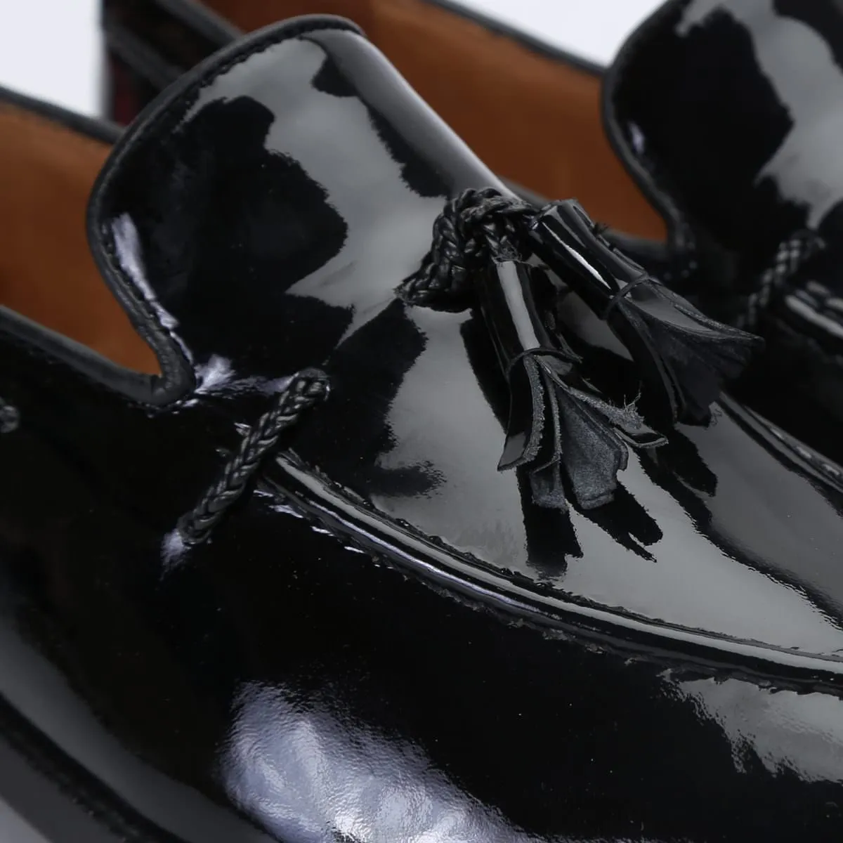 Apron Toe Side Lacing Tassel Loafers in Black Patent Leather By Brune & Bareskin