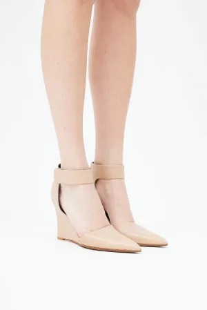 Beige Leather Ankle Strap Wedge Heel