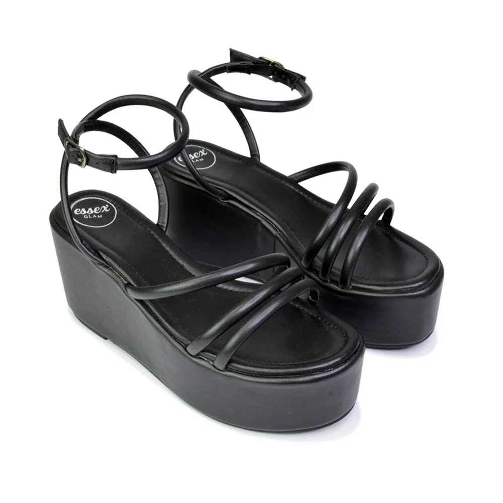 Birdie Ankle Strap Platform Sandal Wedge Heel Flatforms in Black