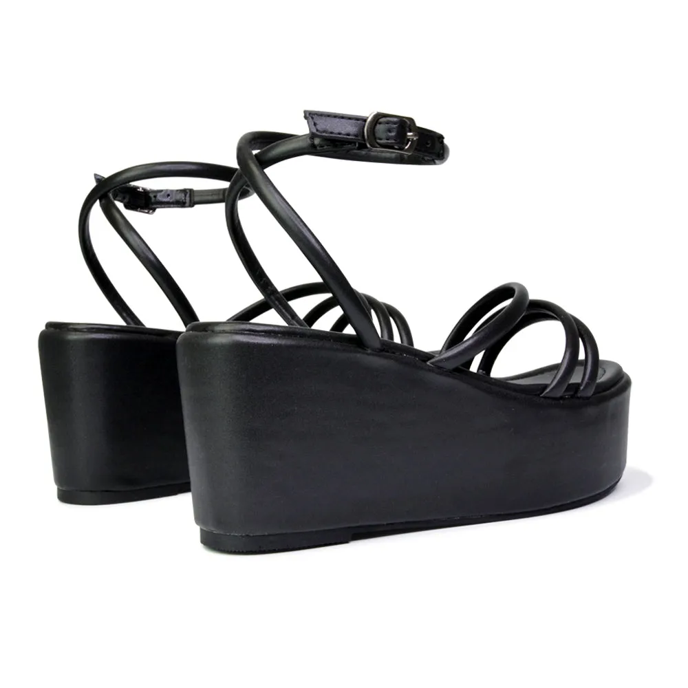 Birdie Ankle Strap Platform Sandal Wedge Heel Flatforms in Black