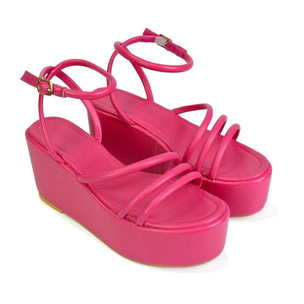 Birdie Ankle Strap Platform Sandal Wedge Heel Flatforms in Fuchsia