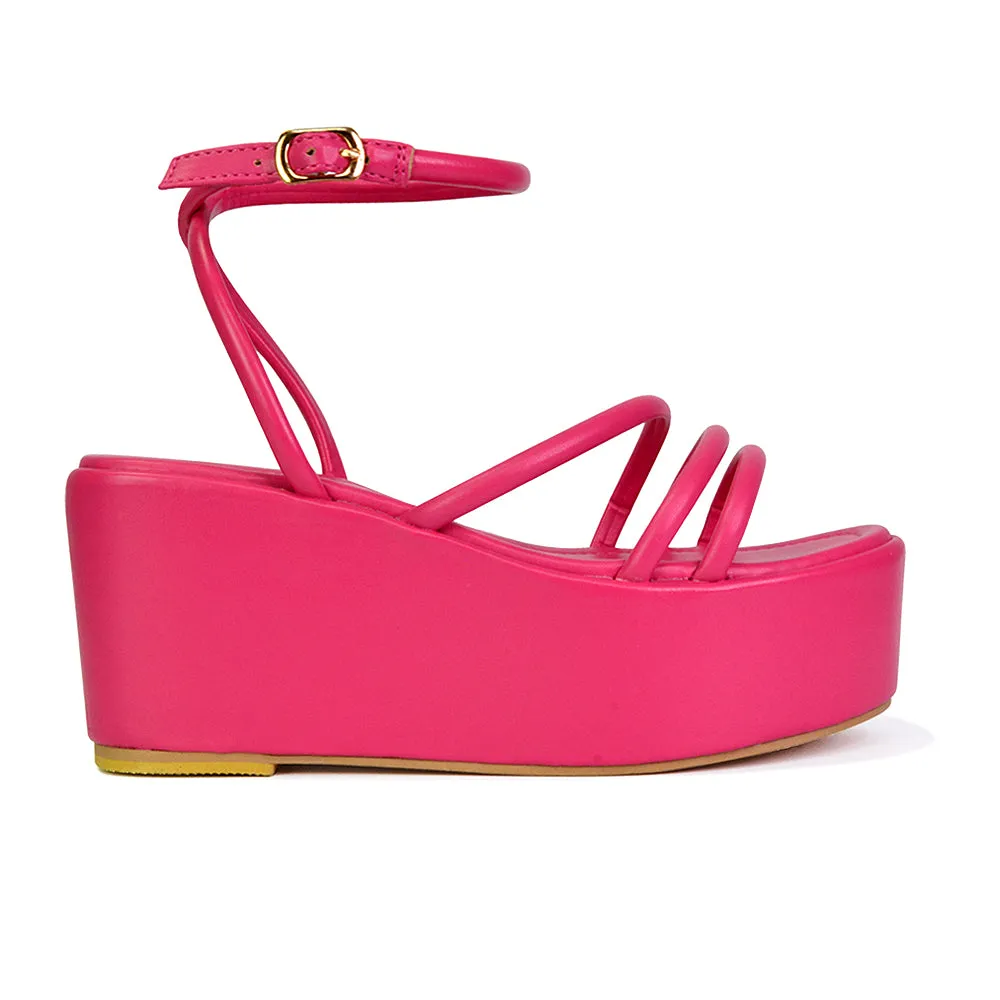 Birdie Ankle Strap Platform Sandal Wedge Heel Flatforms in Fuchsia