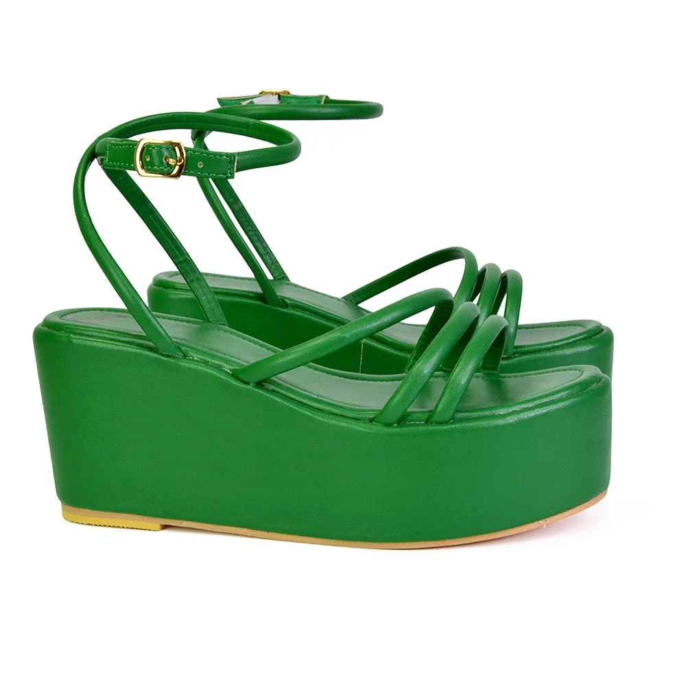 Birdie Ankle Strap Platform Sandal Wedge Heel Flatforms in Green