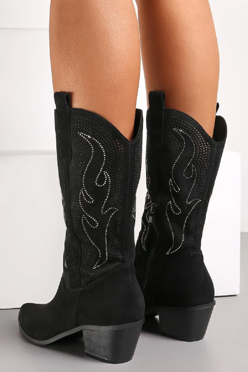 BLACK EMBROIDED CALF HIGH WESTERN COWBOY BOOTS