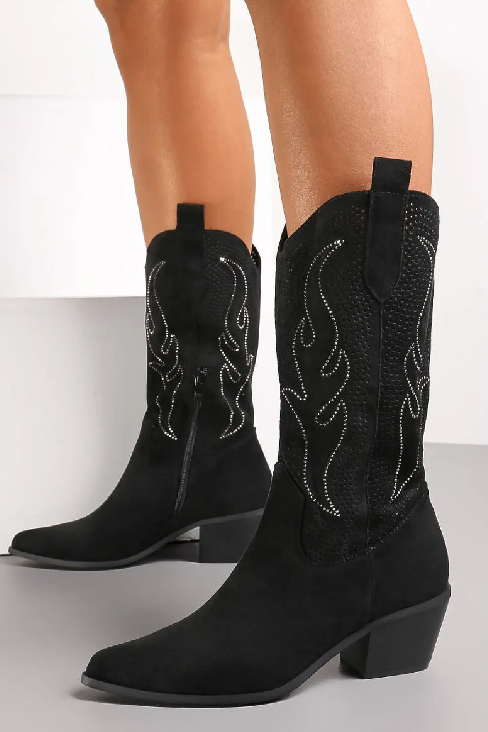 BLACK EMBROIDED CALF HIGH WESTERN COWBOY BOOTS