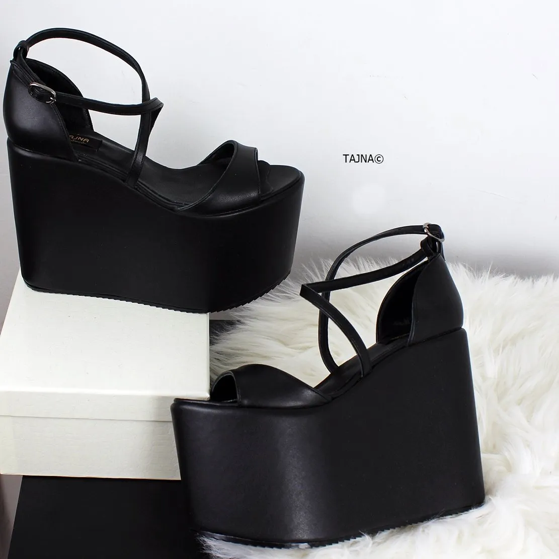 Black Flat-form Ankle Strap Wedges