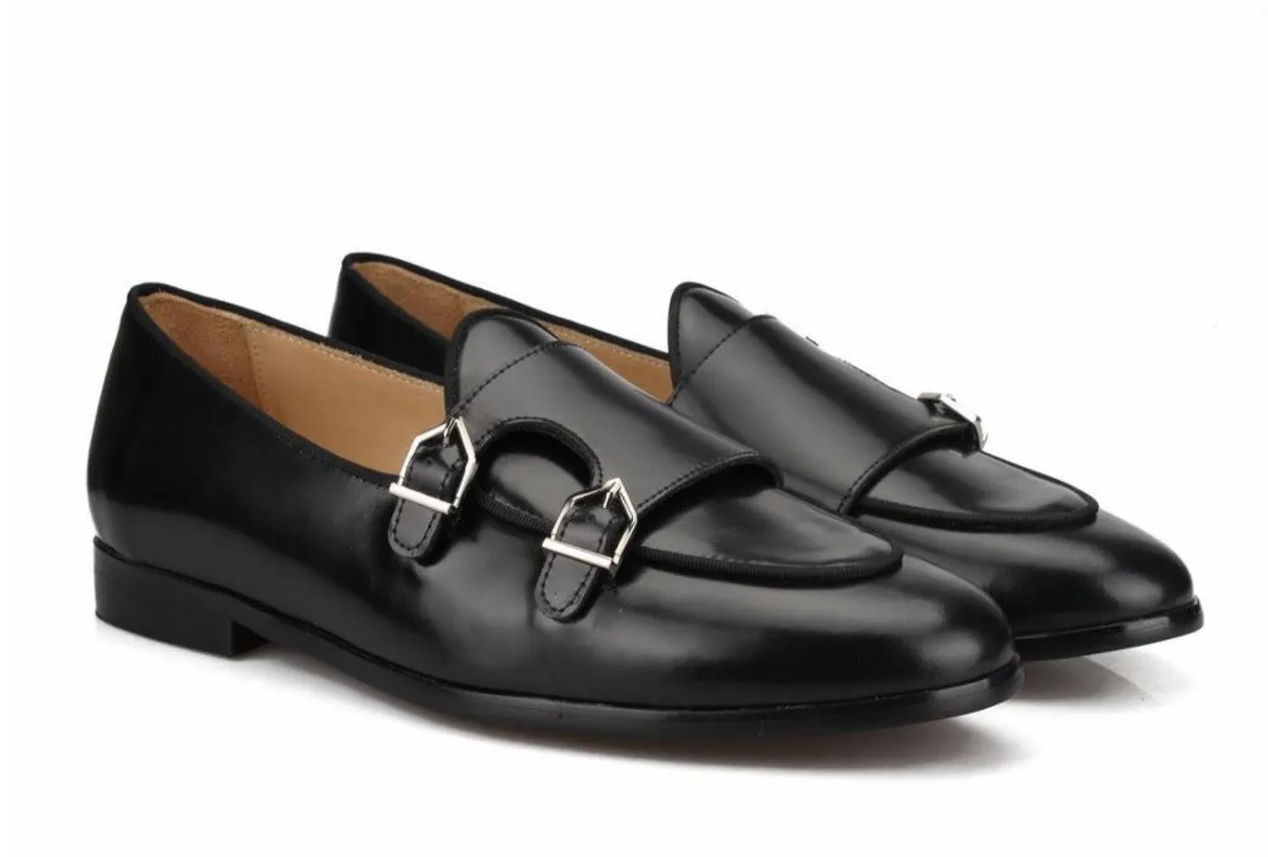 Black Leather Flat Double Monk Loafers