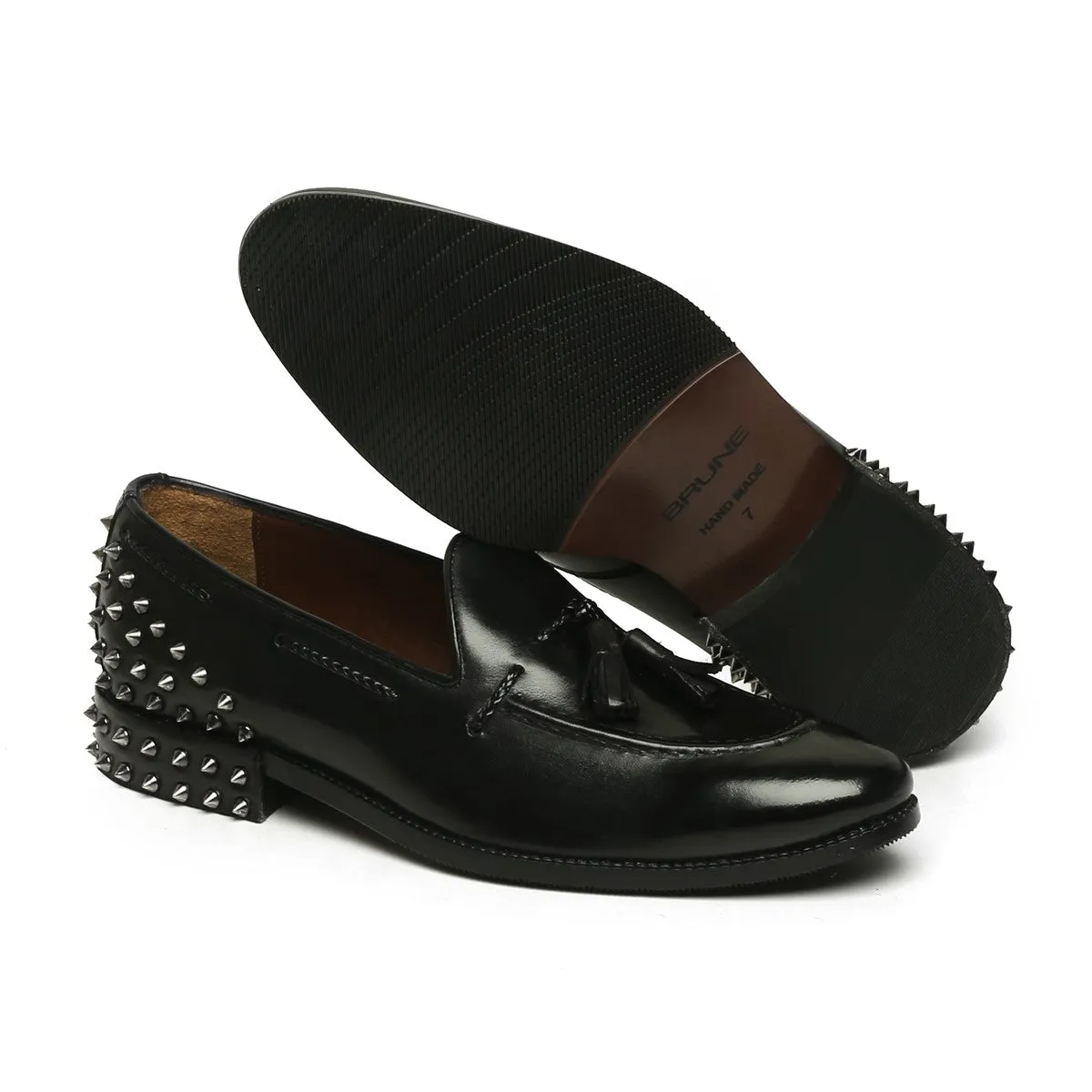 Black Leather Studded Back Side Lacing Tassel Loafers By Brune & Bareskin