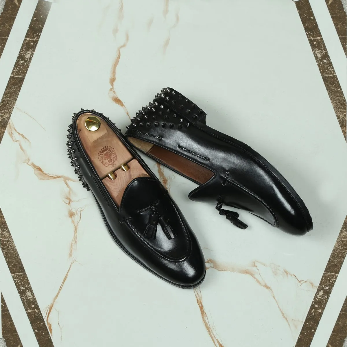 Black Leather Studded Back Side Lacing Tassel Loafers By Brune & Bareskin