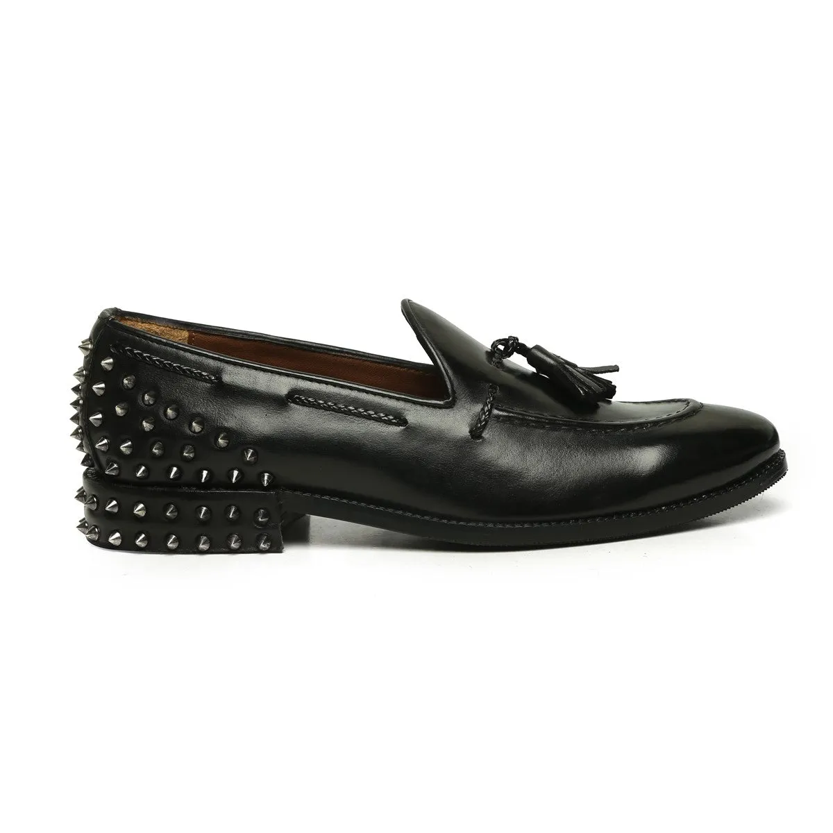 Black Leather Studded Back Side Lacing Tassel Loafers By Brune & Bareskin