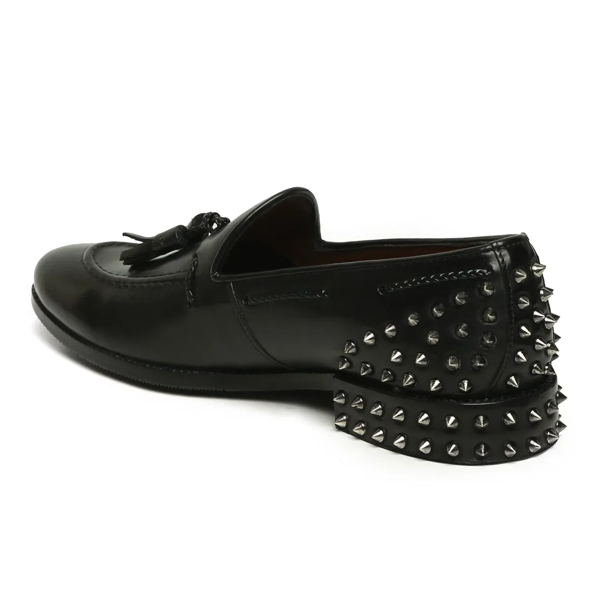 Black Leather Studded Back Side Lacing Tassel Loafers By Brune & Bareskin