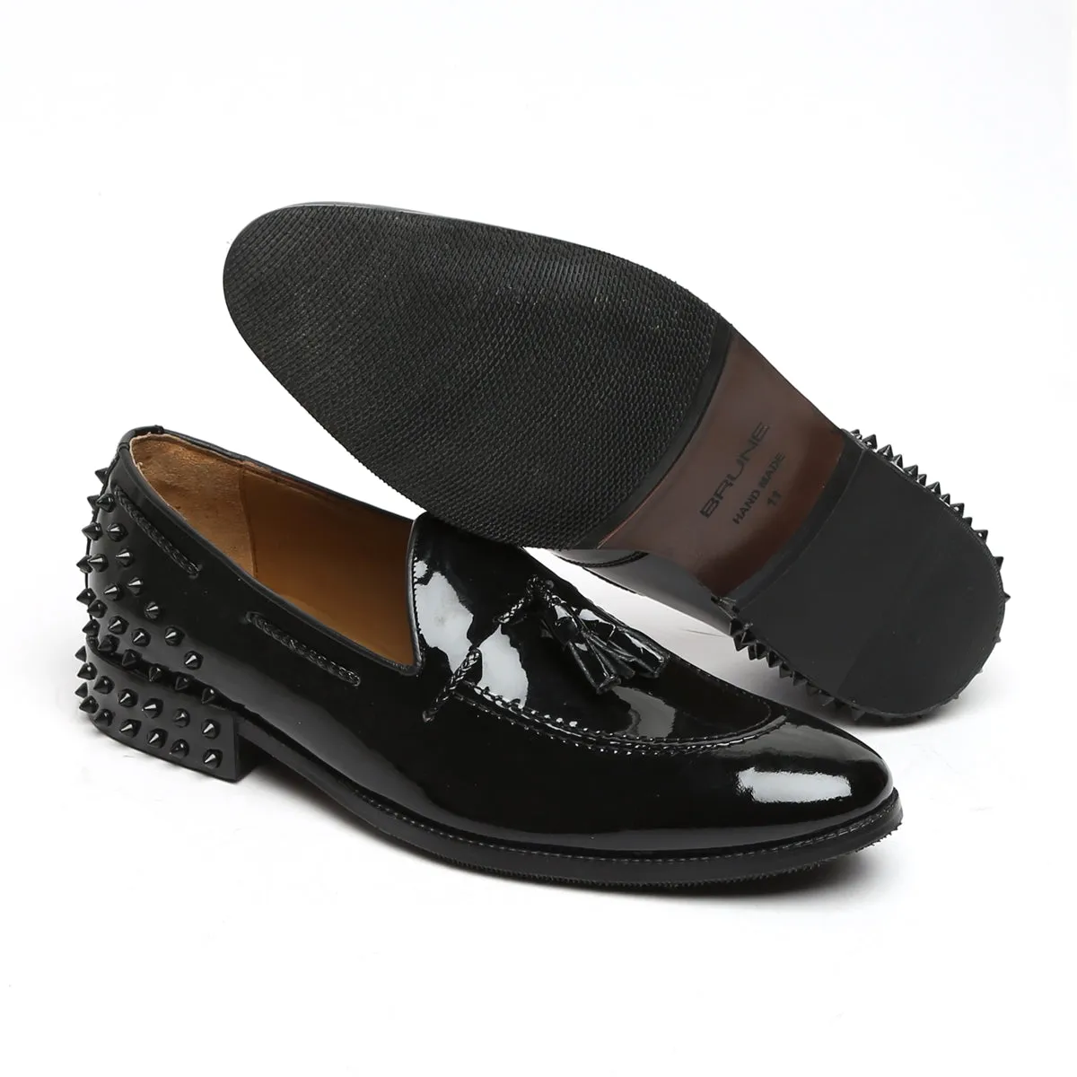 Black Patent Leather Black Studded Back Side Lacing Tassel Loafers By Brune & Bareskin