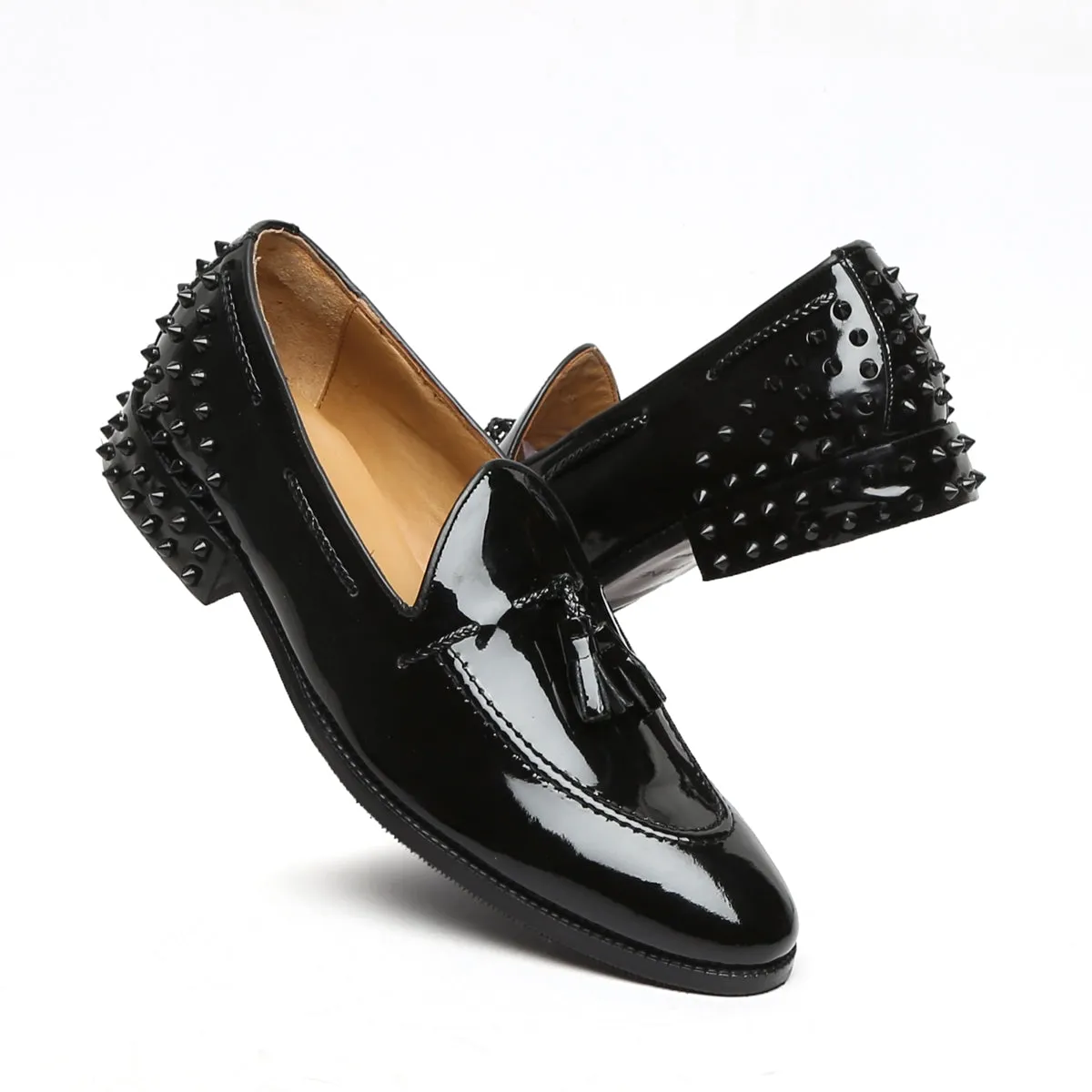 Black Patent Leather Black Studded Back Side Lacing Tassel Loafers By Brune & Bareskin