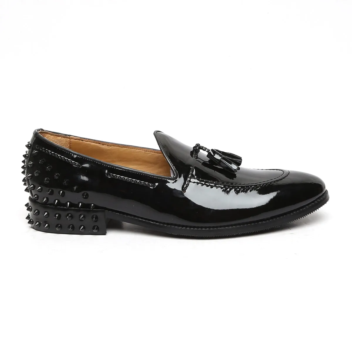 Black Patent Leather Black Studded Back Side Lacing Tassel Loafers By Brune & Bareskin