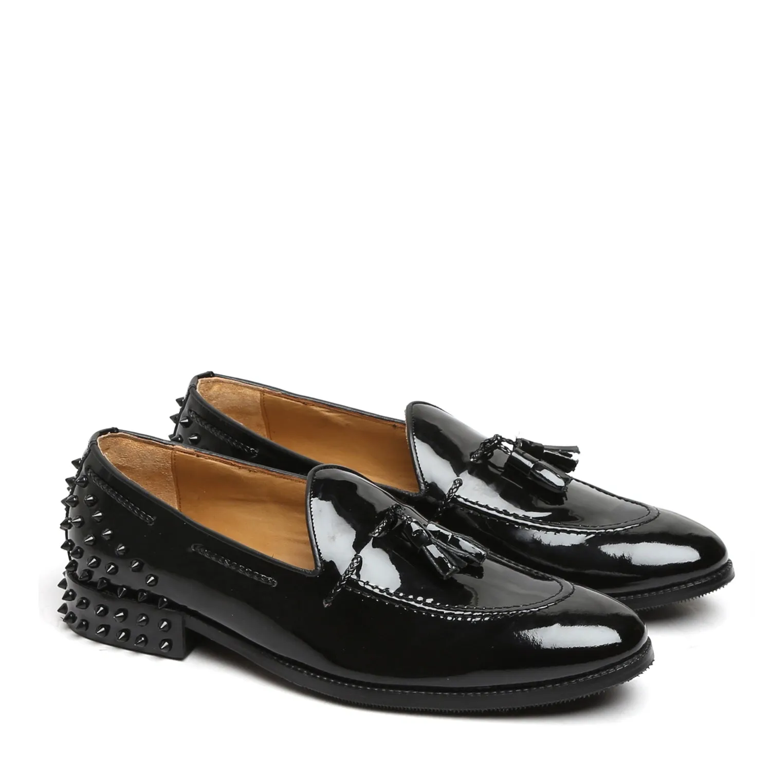 Black Patent Leather Black Studded Back Side Lacing Tassel Loafers By Brune & Bareskin