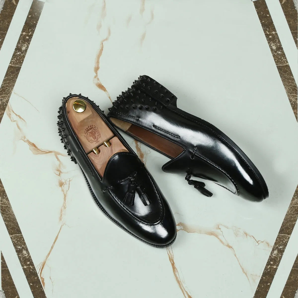 Black Patent Leather Black Studded Back Side Lacing Tassel Loafers By Brune & Bareskin