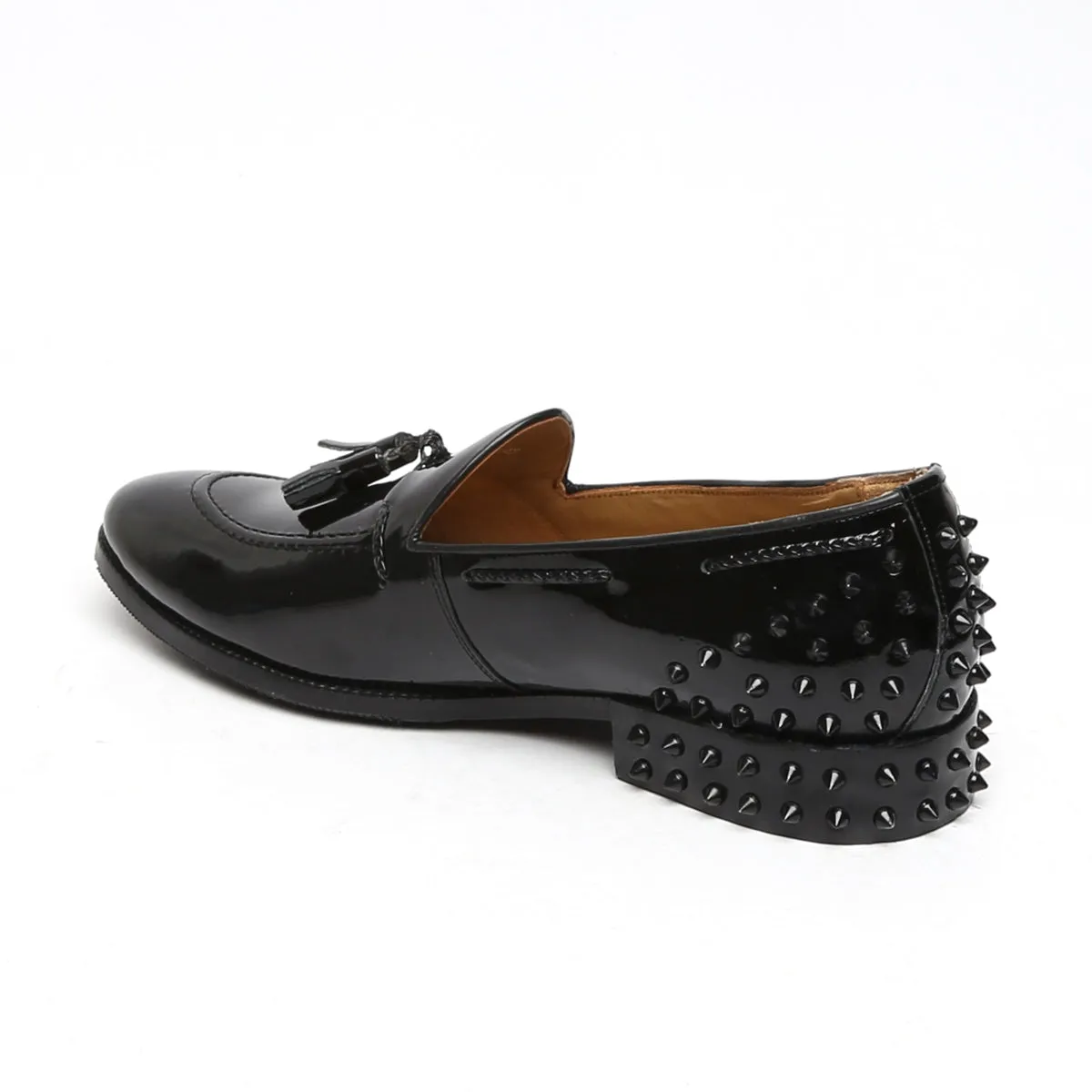 Black Patent Leather Black Studded Back Side Lacing Tassel Loafers By Brune & Bareskin