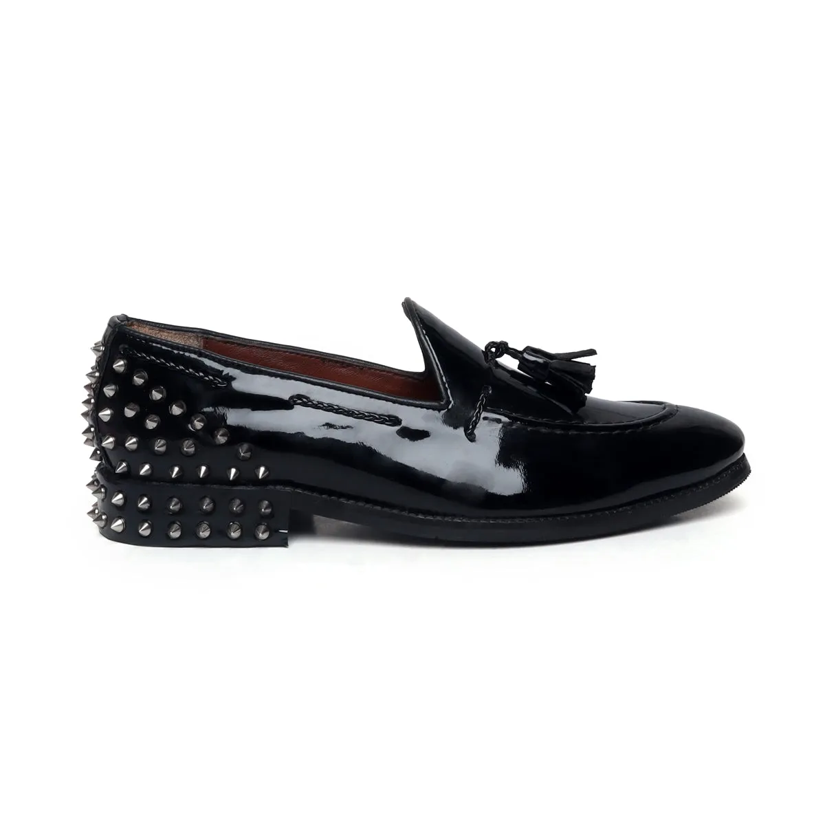 Black Patent Leather Studded Back Side Lacing Tassel Loafers By Brune & Bareskin