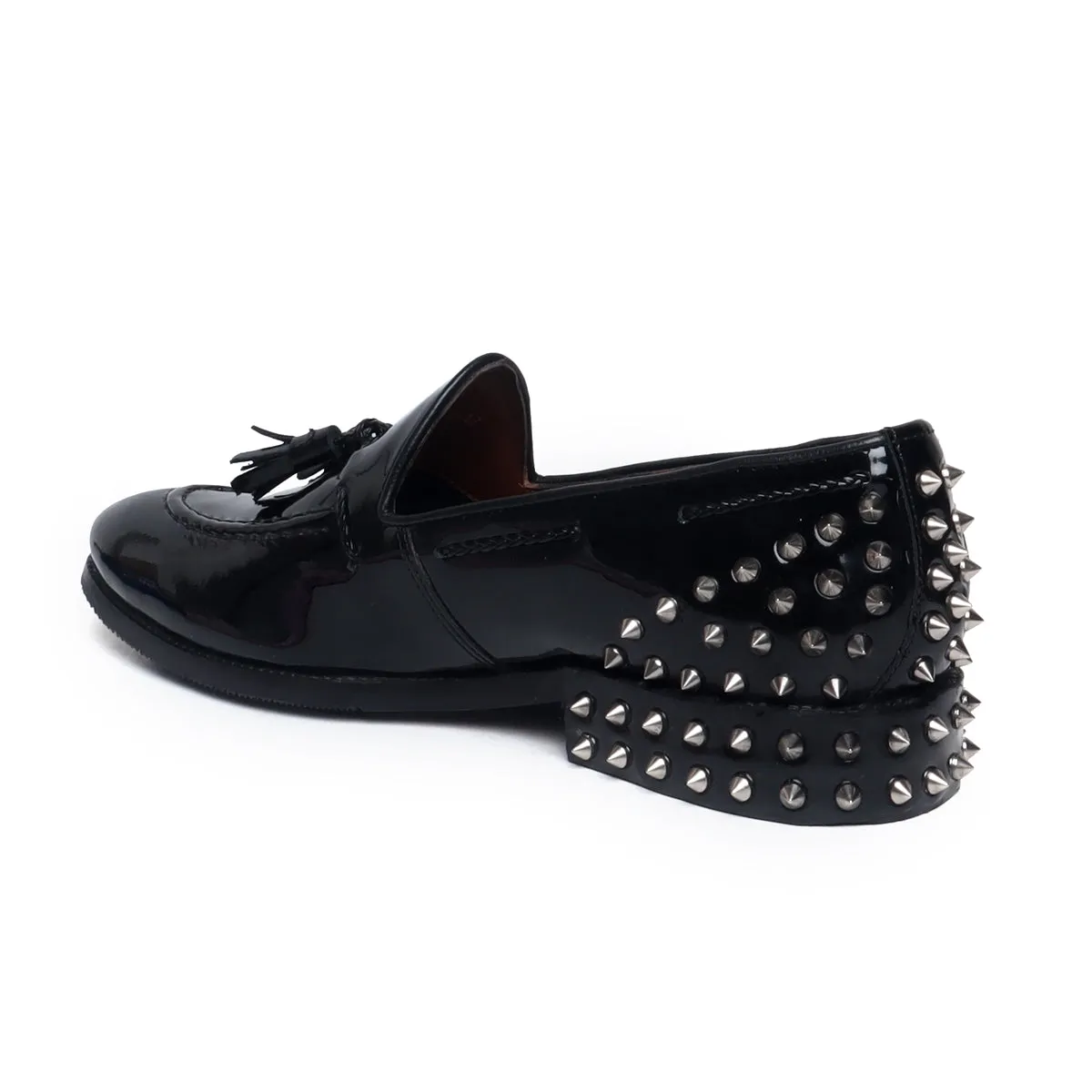 Black Patent Leather Studded Back Side Lacing Tassel Loafers By Brune & Bareskin