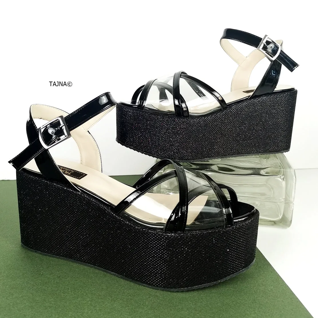 Black Shiny Transparent Strap Wedge Sandals