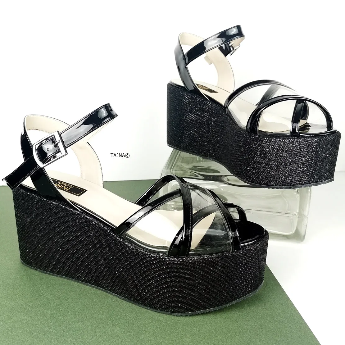 Black Shiny Transparent Strap Wedge Sandals