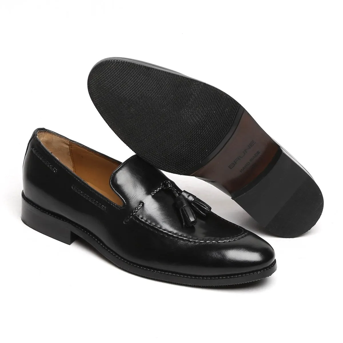 Black Side Lacing Tassel Loafers in Genuine Leather