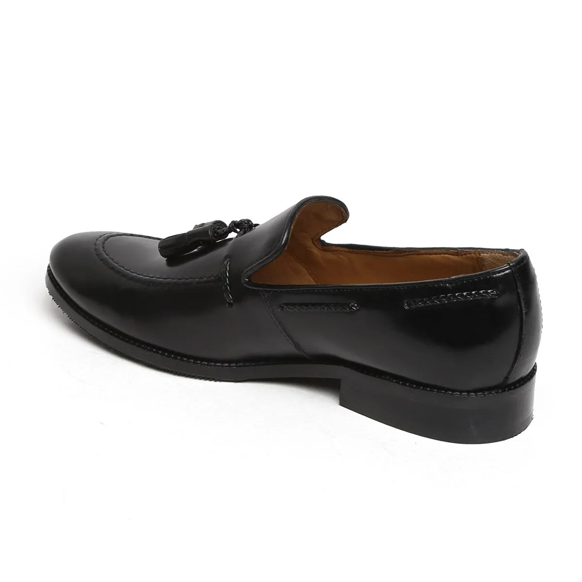 Black Side Lacing Tassel Loafers in Genuine Leather