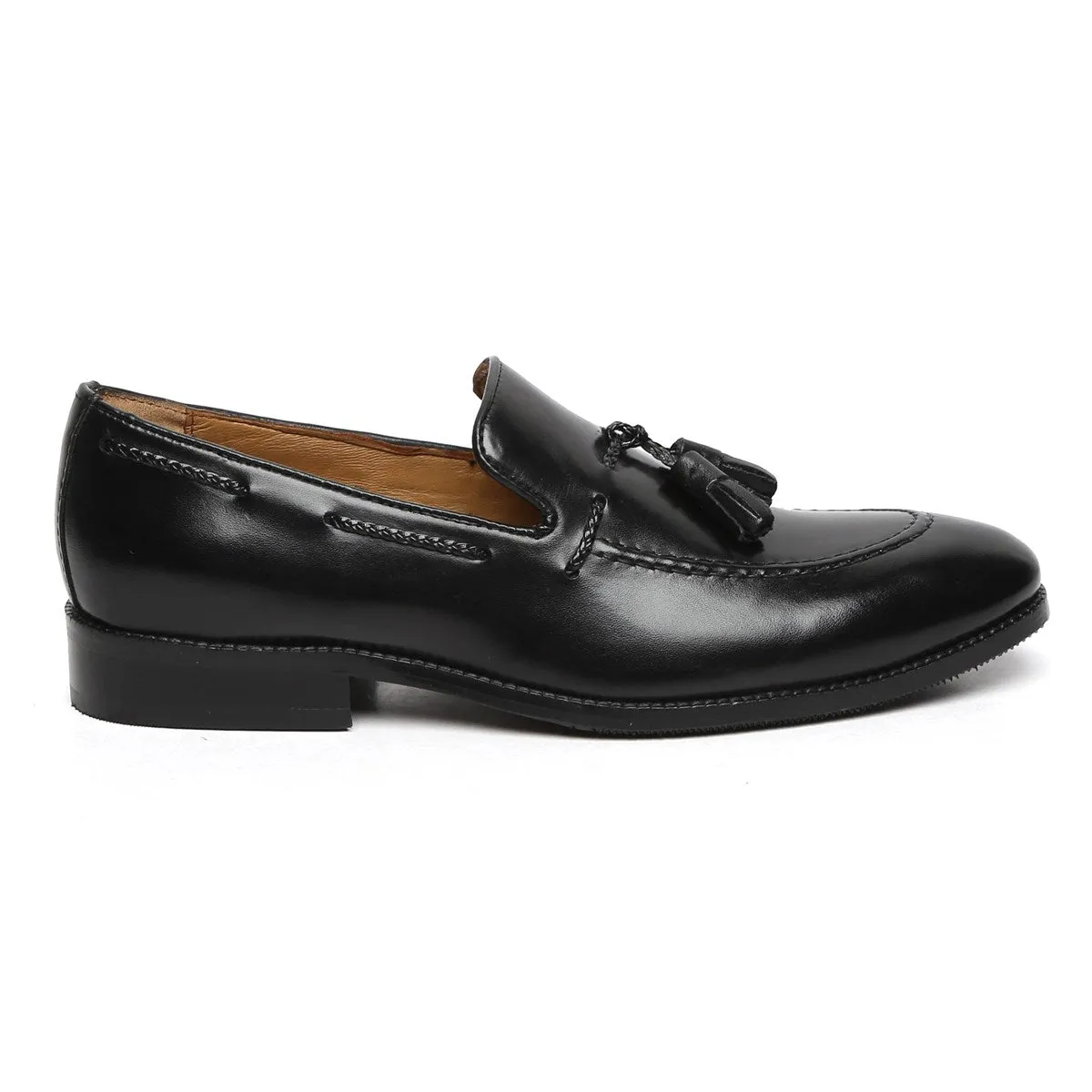 Black Side Lacing Tassel Loafers in Genuine Leather