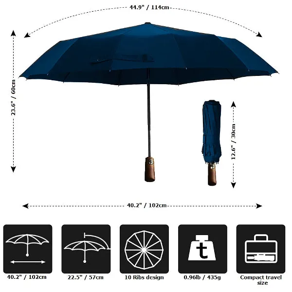 Blue Wooden Handle Travel Umbrella