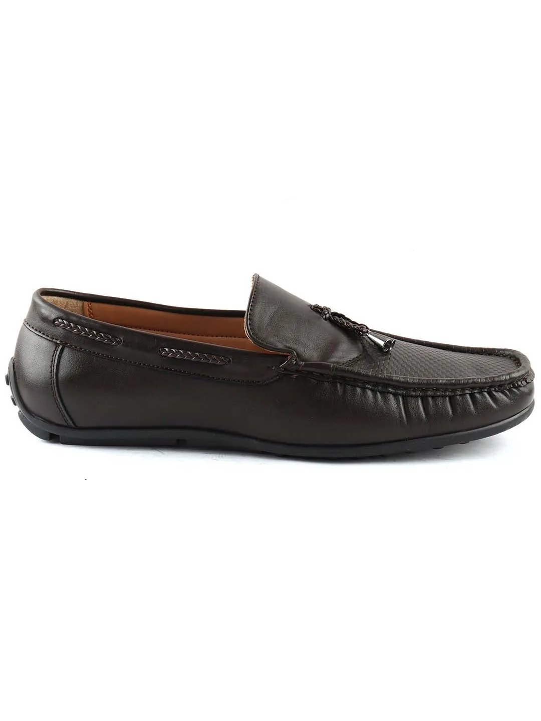 Brown Textured Tassel Loafers