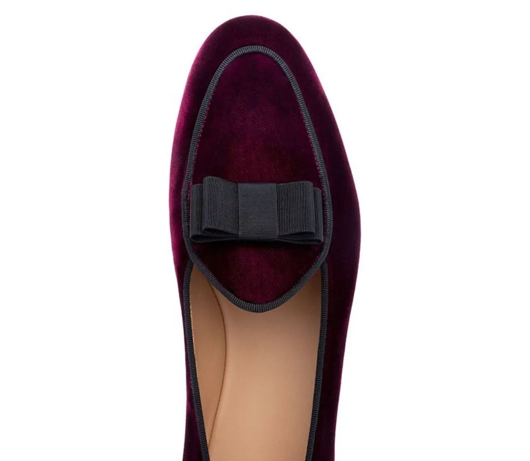 Burgundy Velvet Bowtie Loafers