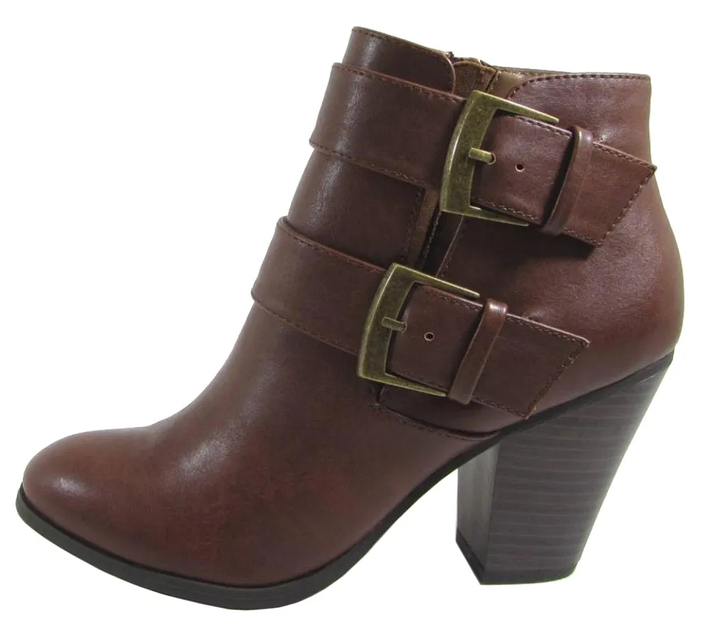 City Classified Women's Strappy Buckle Chunky Stacked Block Heel Ankle Bootie