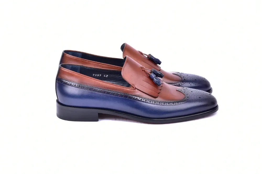 Corrente Men's Wing tip Kiltie Tassel Loafer Navy/Brown Style No-C00019-7397