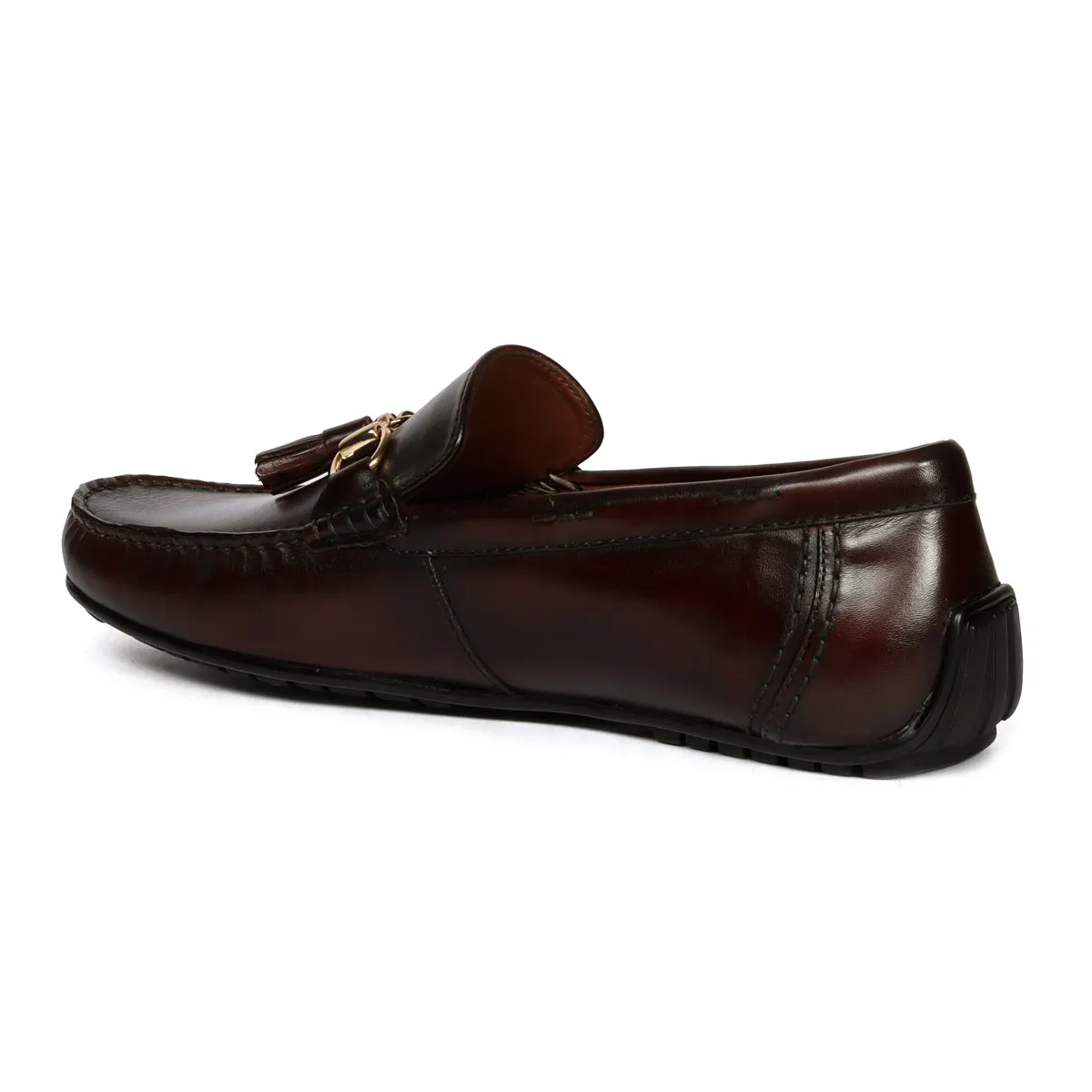 Dark Brown Tassel Leather Loafers with Horse-bit Buckle