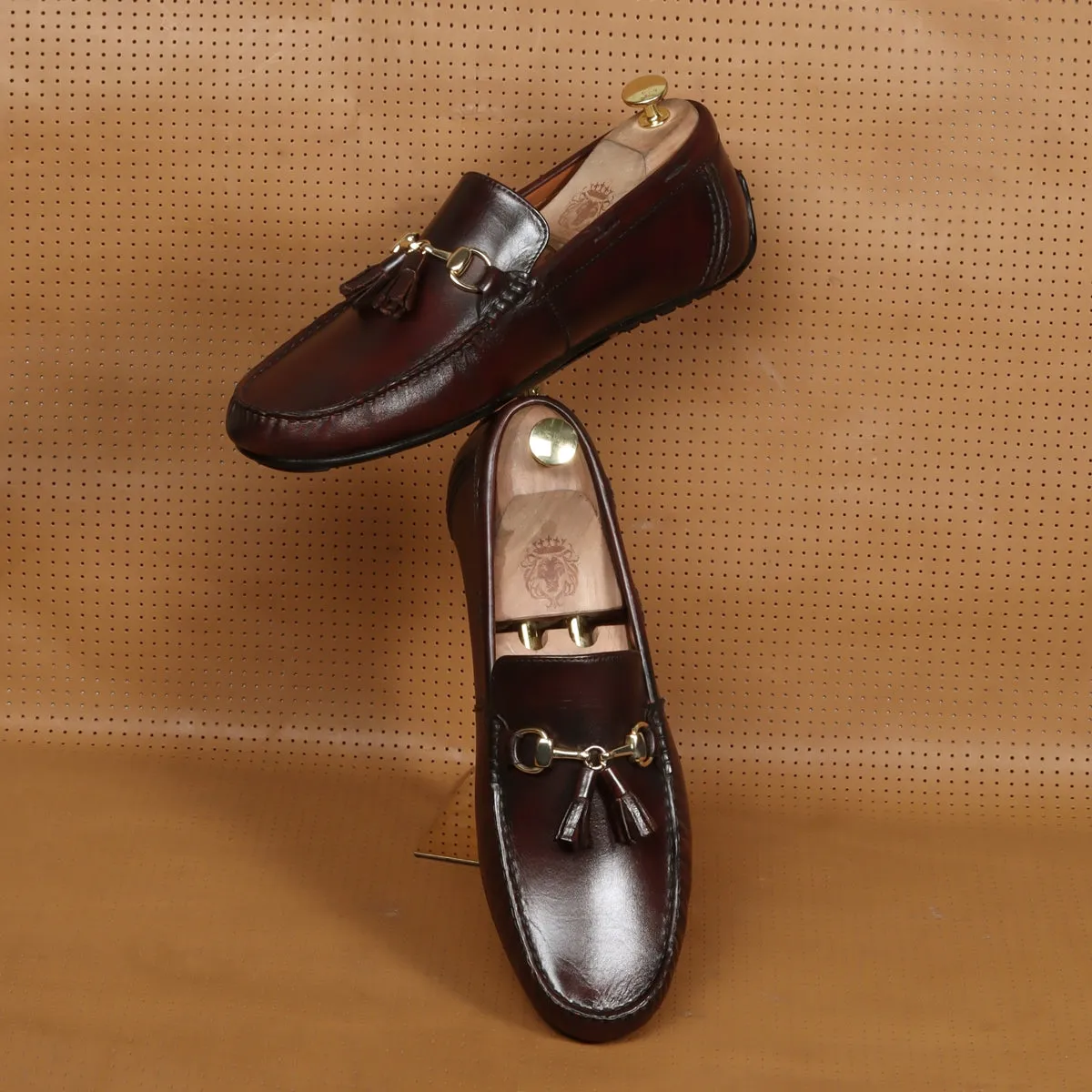 Dark Brown Tassel Leather Loafers with Horse-bit Buckle