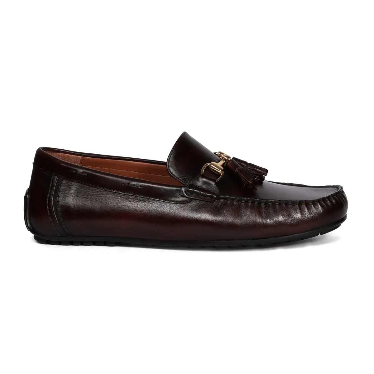 Dark Brown Tassel Leather Loafers with Horse-bit Buckle