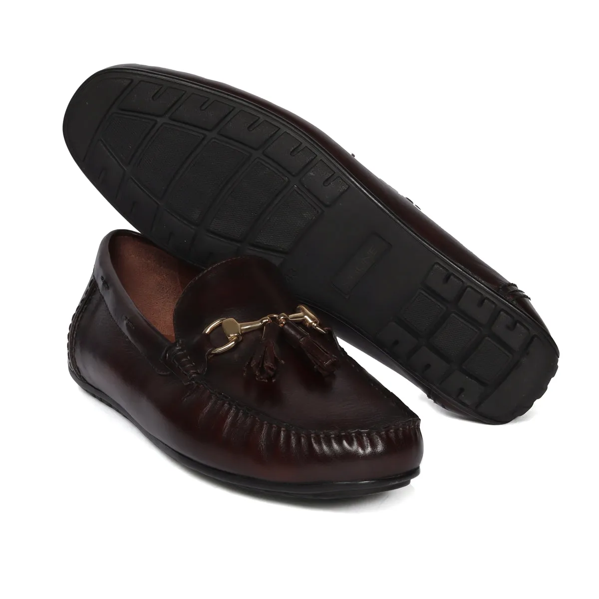 Dark Brown Tassel Leather Loafers with Horse-bit Buckle