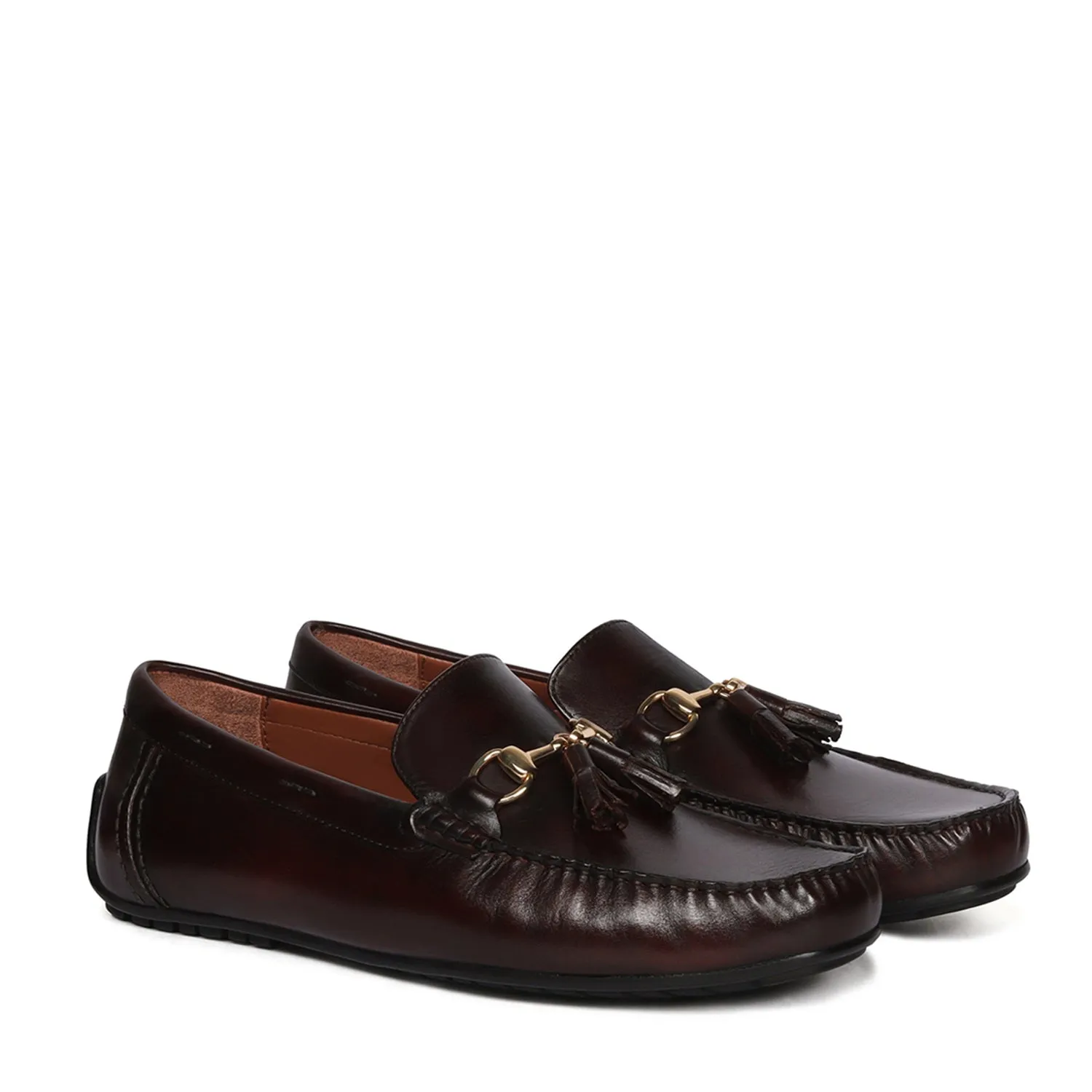 Dark Brown Tassel Leather Loafers with Horse-bit Buckle