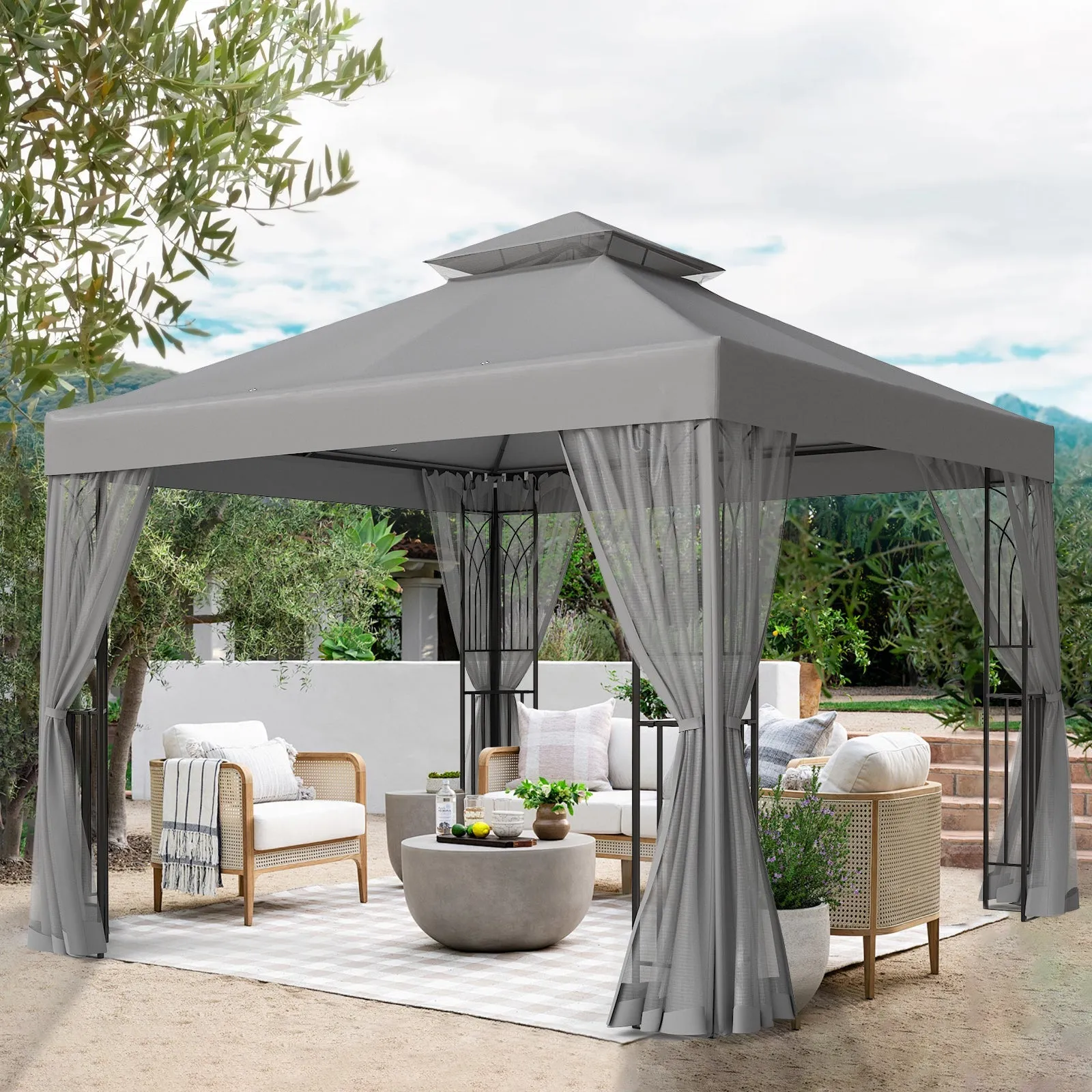 EAGLE PEAK 10x10 Patio Gazebo with Screen Walls and Corner Shelves