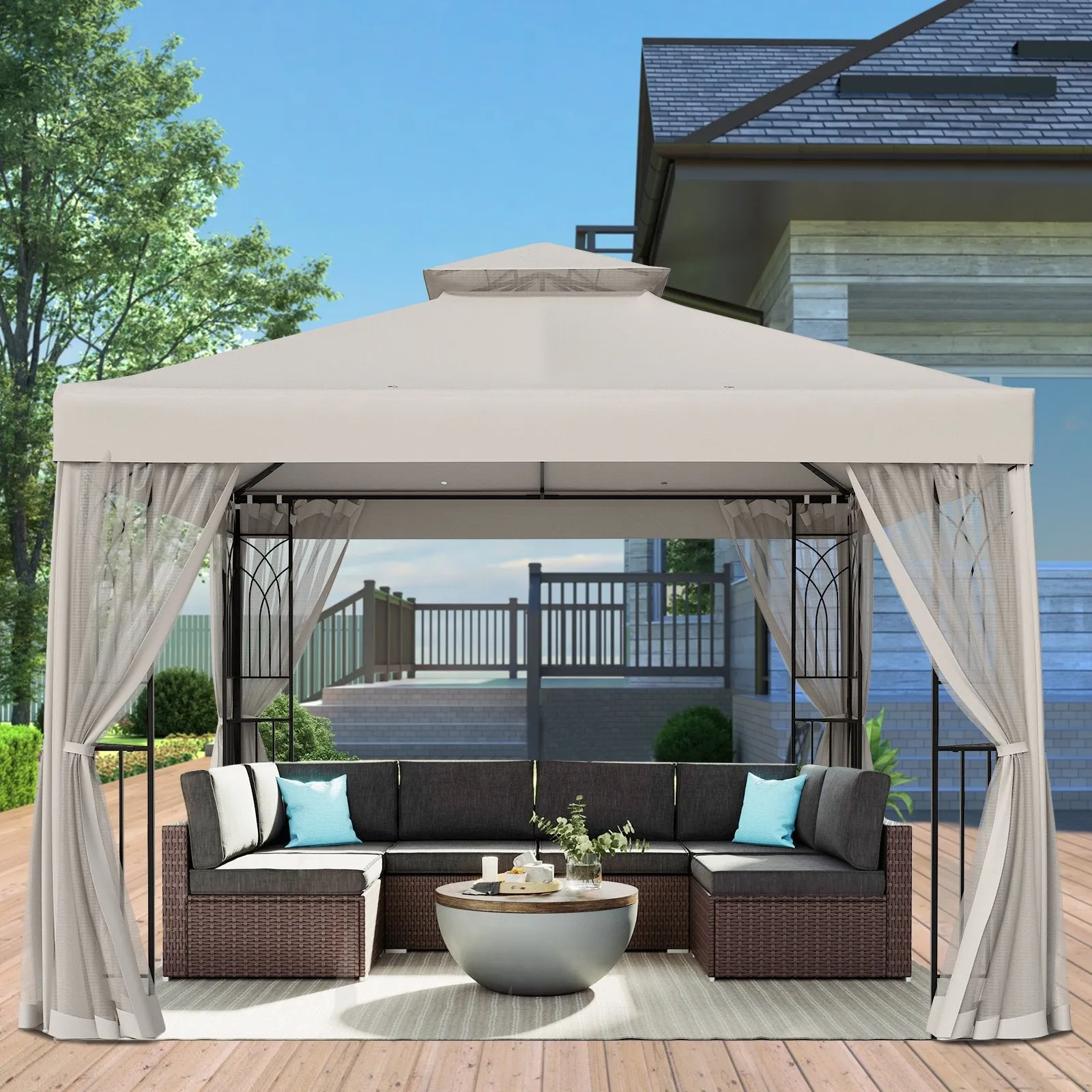 EAGLE PEAK 10x10 Patio Gazebo with Screen Walls and Corner Shelves