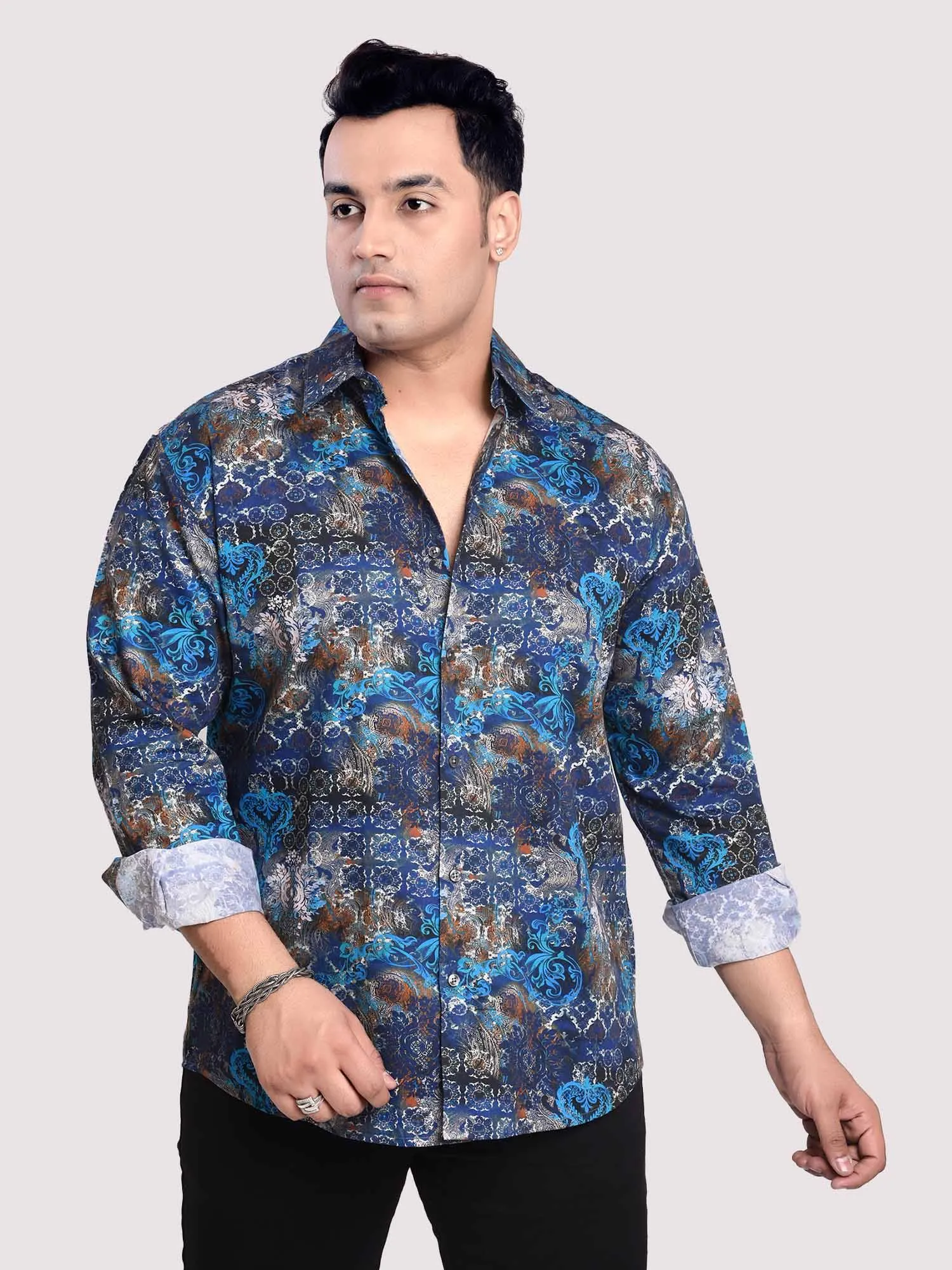 Electric Blue Mandal Printed Cotton Full sleeve Men's Plus size