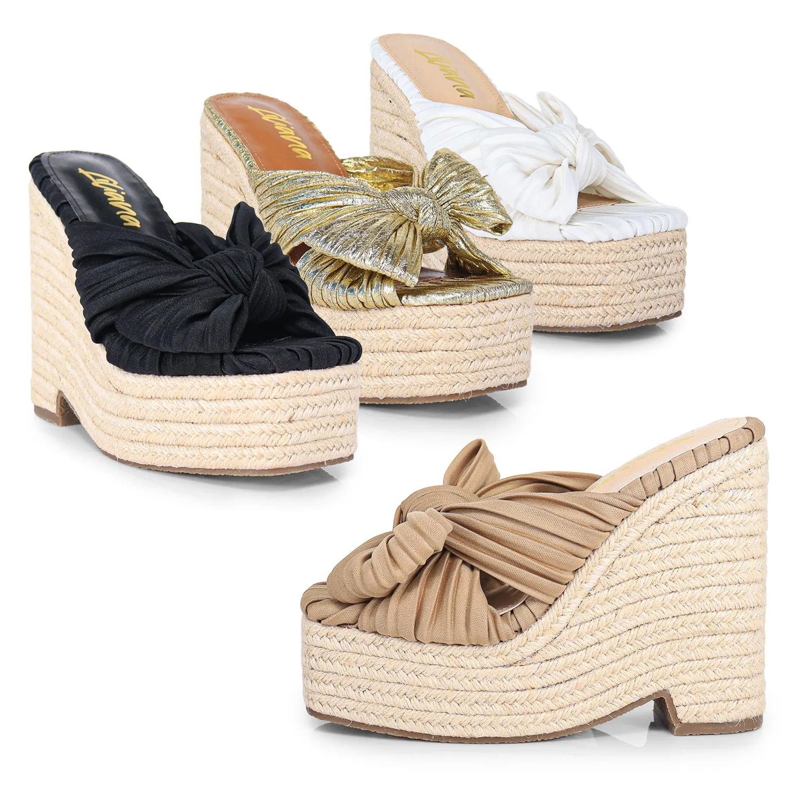 ELLY-1 PLEATED BOW SANDAL W/ ESPADDRILLE WEDGE - BEIGE