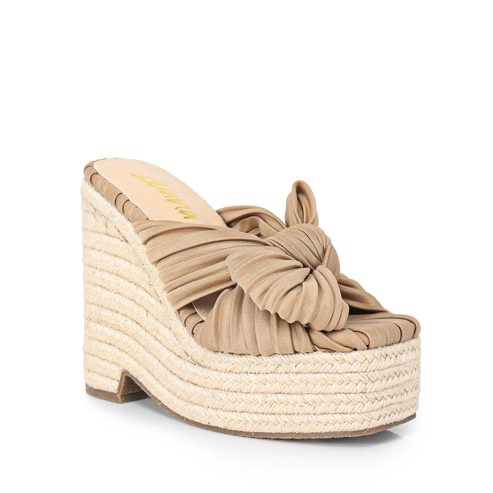 ELLY-1 PLEATED BOW SANDAL W/ ESPADDRILLE WEDGE - BEIGE