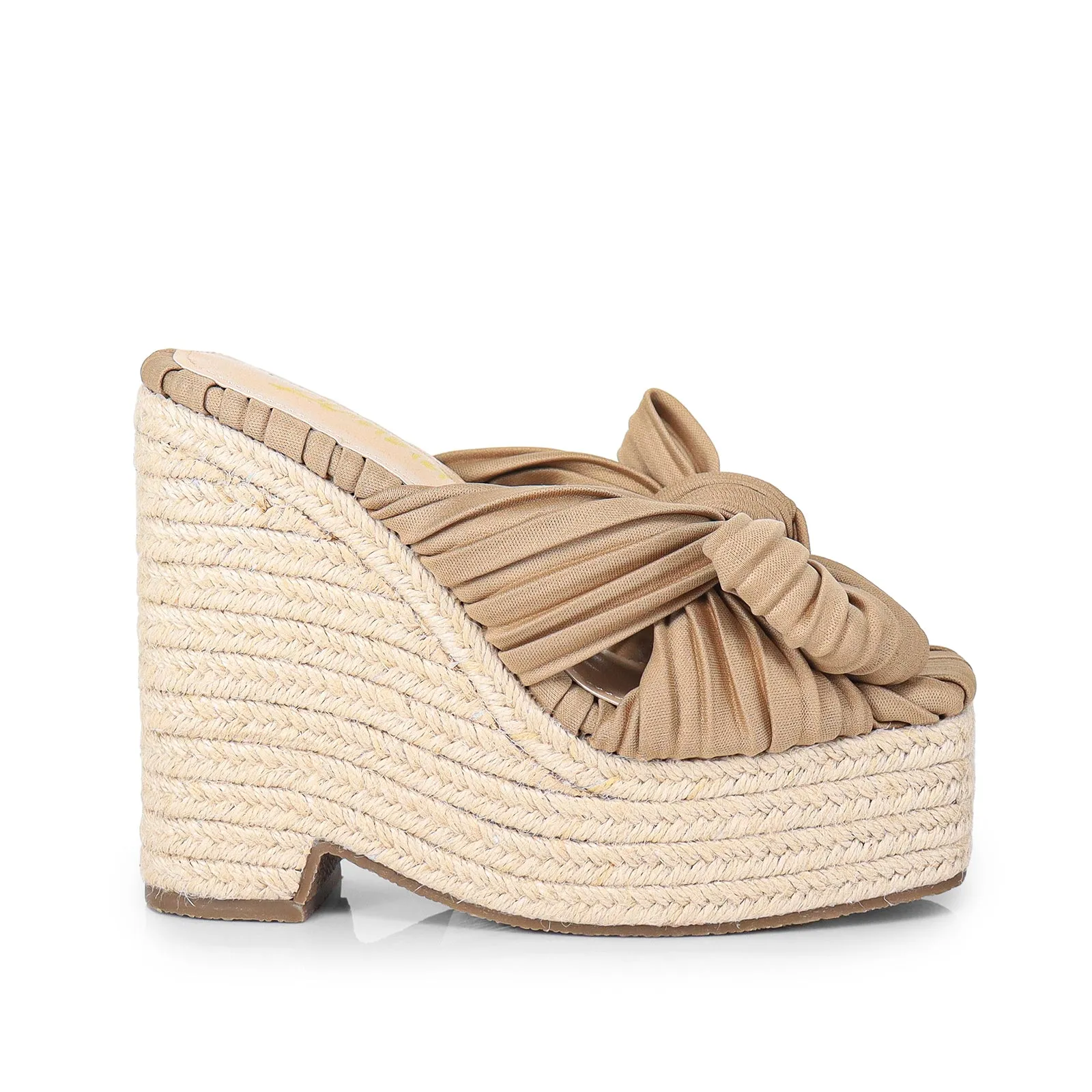 ELLY-1 PLEATED BOW SANDAL W/ ESPADDRILLE WEDGE - BEIGE