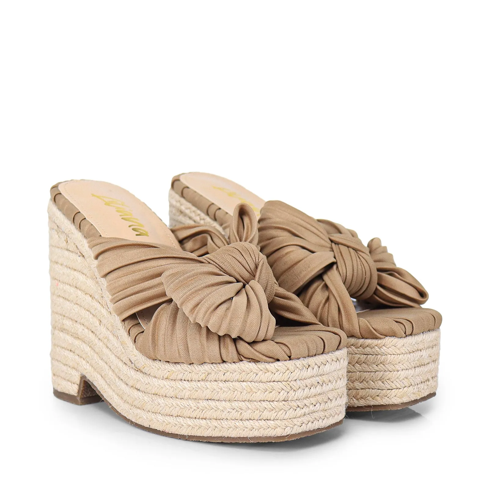 ELLY-1 PLEATED BOW SANDAL W/ ESPADDRILLE WEDGE - BEIGE